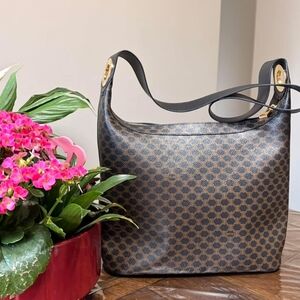 Celine Brown & Black Macadam Shoulder Bag with Gold Hardware